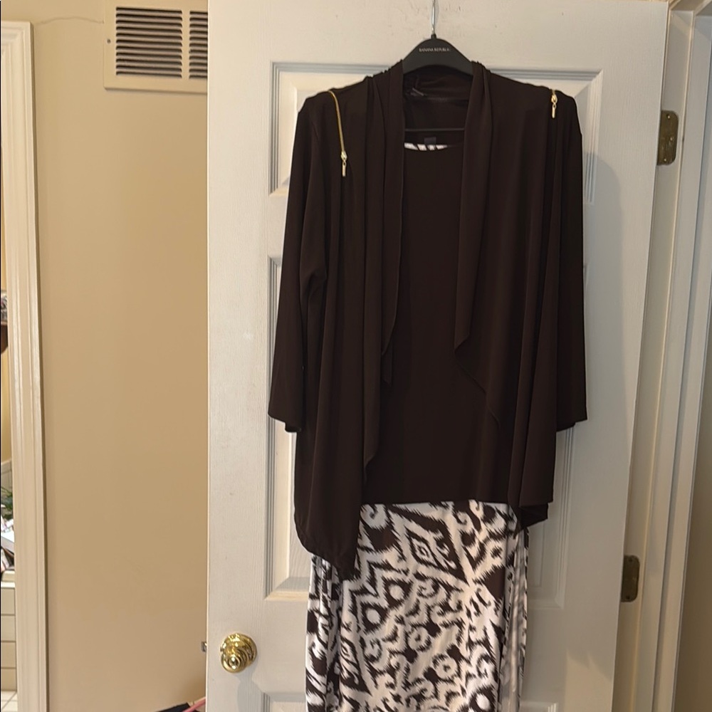Brown and White Patterned Skirt with Brown Sleeveless Shell and Brown Jacket